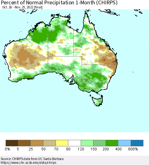 Australia Percent of Normal Precipitation 1-Month (CHIRPS) Thematic Map For 10/26/2022 - 11/25/2022