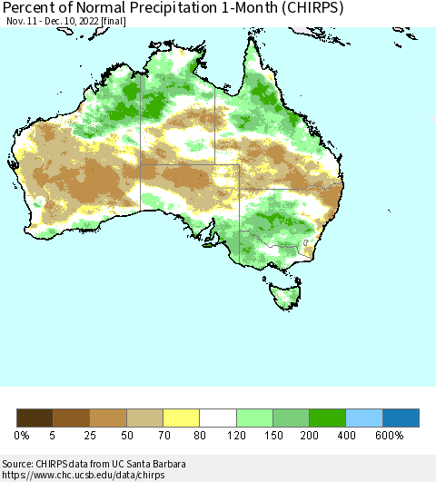 Australia Percent of Normal Precipitation 1-Month (CHIRPS) Thematic Map For 11/11/2022 - 12/10/2022