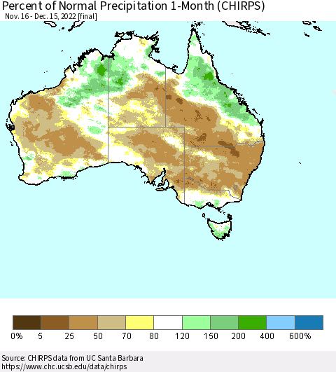 Australia Percent of Normal Precipitation 1-Month (CHIRPS) Thematic Map For 11/16/2022 - 12/15/2022