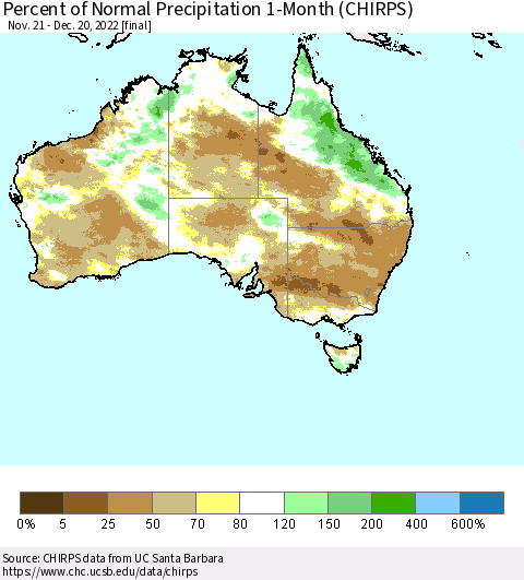 Australia Percent of Normal Precipitation 1-Month (CHIRPS) Thematic Map For 11/21/2022 - 12/20/2022