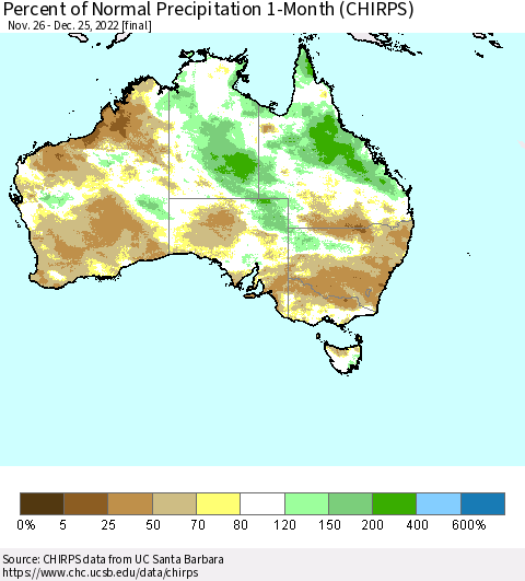 Australia Percent of Normal Precipitation 1-Month (CHIRPS) Thematic Map For 11/26/2022 - 12/25/2022