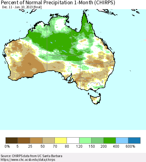 Australia Percent of Normal Precipitation 1-Month (CHIRPS) Thematic Map For 12/11/2022 - 1/10/2023