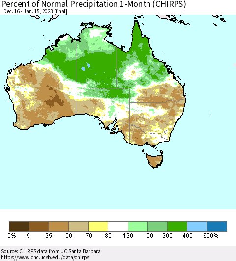 Australia Percent of Normal Precipitation 1-Month (CHIRPS) Thematic Map For 12/16/2022 - 1/15/2023