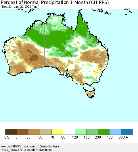 Australia Percent of Normal Precipitation 1-Month (CHIRPS) Thematic Map For 12/21/2022 - 1/20/2023
