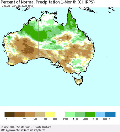 Australia Percent of Normal Precipitation 1-Month (CHIRPS) Thematic Map For 12/26/2022 - 1/25/2023