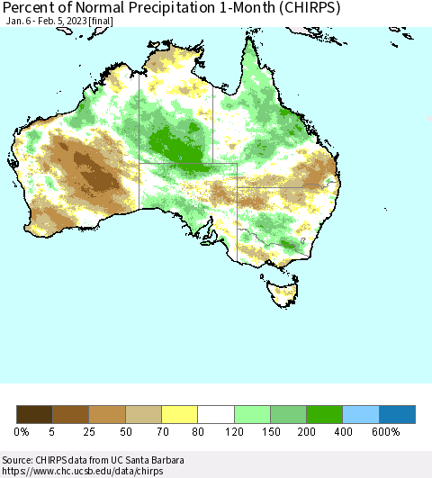 Australia Percent of Normal Precipitation 1-Month (CHIRPS) Thematic Map For 1/6/2023 - 2/5/2023