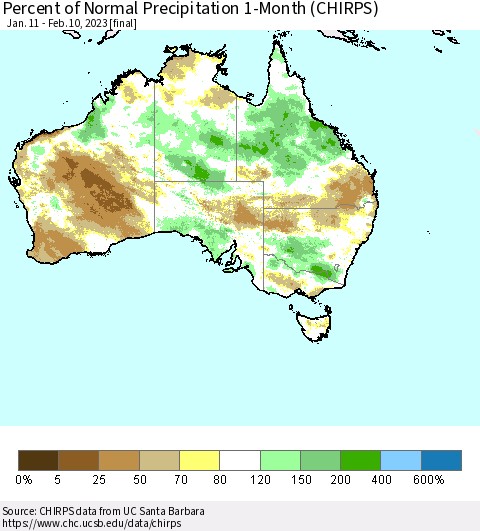 Australia Percent of Normal Precipitation 1-Month (CHIRPS) Thematic Map For 1/11/2023 - 2/10/2023