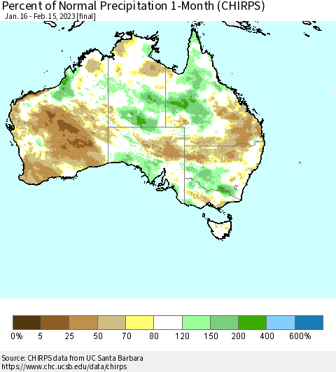 Australia Percent of Normal Precipitation 1-Month (CHIRPS) Thematic Map For 1/16/2023 - 2/15/2023
