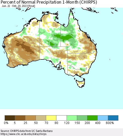Australia Percent of Normal Precipitation 1-Month (CHIRPS) Thematic Map For 1/21/2023 - 2/20/2023