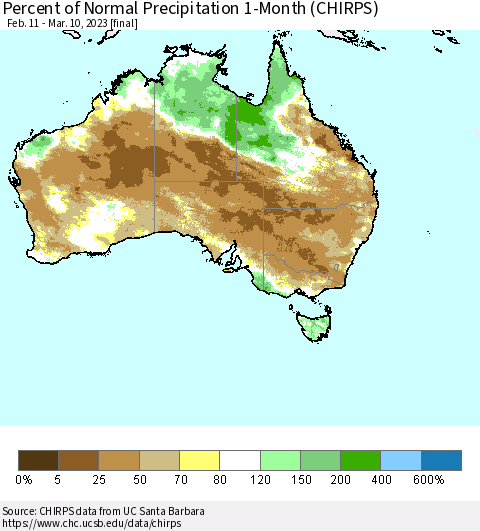 Australia Percent of Normal Precipitation 1-Month (CHIRPS) Thematic Map For 2/11/2023 - 3/10/2023