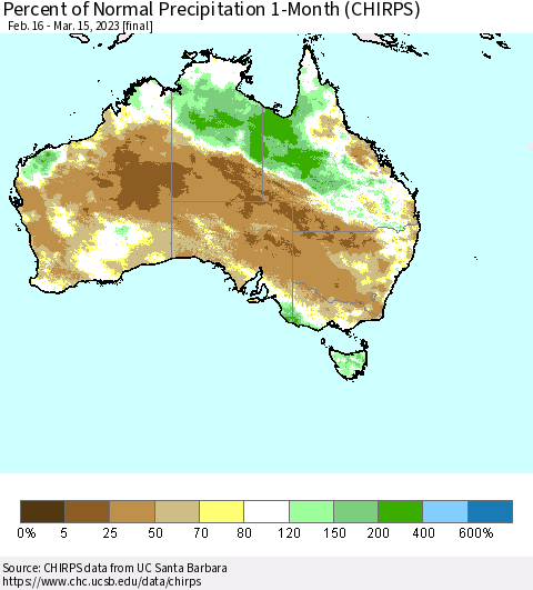 Australia Percent of Normal Precipitation 1-Month (CHIRPS) Thematic Map For 2/16/2023 - 3/15/2023