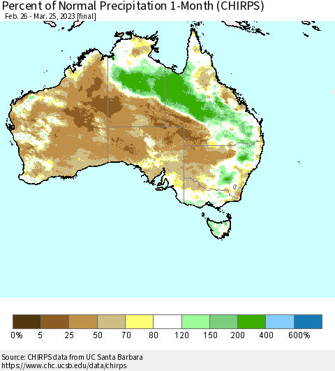 Australia Percent of Normal Precipitation 1-Month (CHIRPS) Thematic Map For 2/26/2023 - 3/25/2023