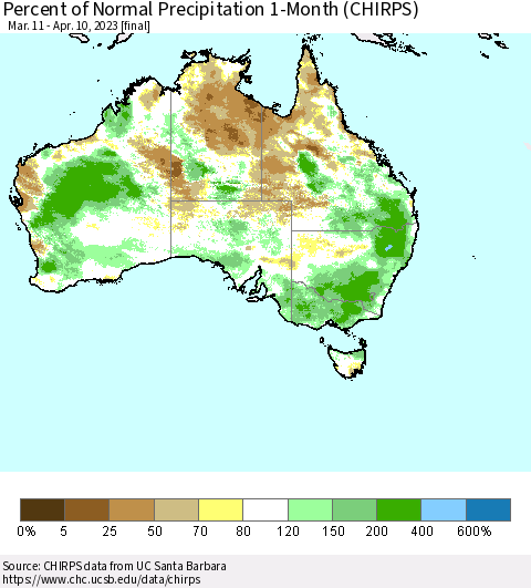 Australia Percent of Normal Precipitation 1-Month (CHIRPS) Thematic Map For 3/11/2023 - 4/10/2023