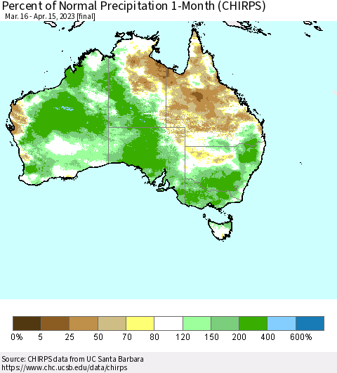 Australia Percent of Normal Precipitation 1-Month (CHIRPS) Thematic Map For 3/16/2023 - 4/15/2023