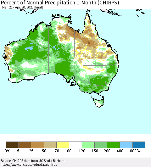 Australia Percent of Normal Precipitation 1-Month (CHIRPS) Thematic Map For 3/21/2023 - 4/20/2023