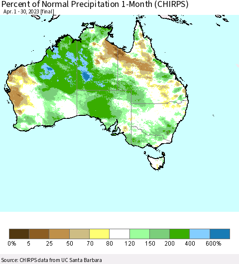 Australia Percent of Normal Precipitation 1-Month (CHIRPS) Thematic Map For 4/1/2023 - 4/30/2023