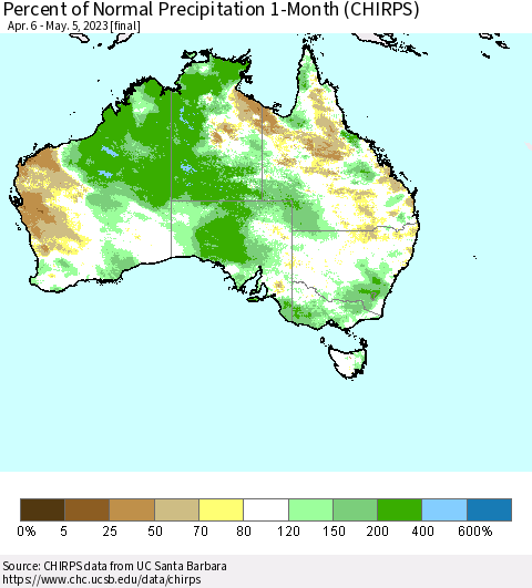 Australia Percent of Normal Precipitation 1-Month (CHIRPS) Thematic Map For 4/6/2023 - 5/5/2023