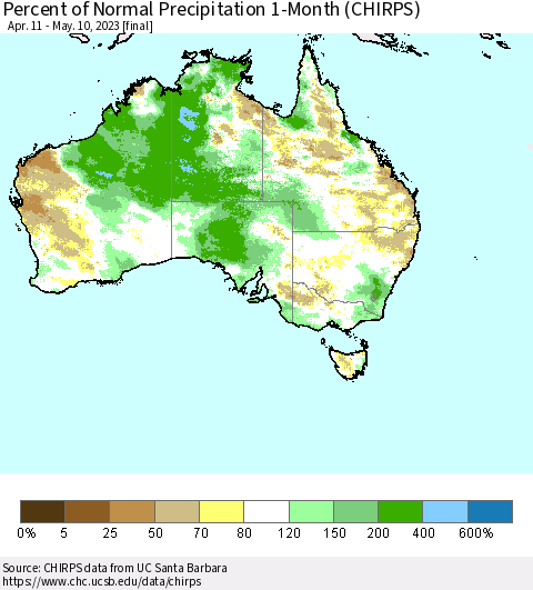 Australia Percent of Normal Precipitation 1-Month (CHIRPS) Thematic Map For 4/11/2023 - 5/10/2023