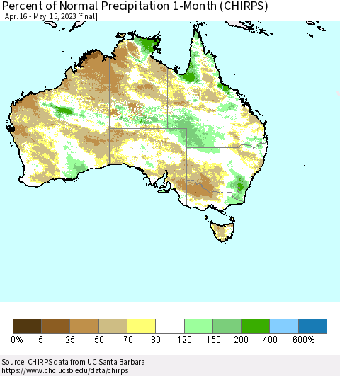 Australia Percent of Normal Precipitation 1-Month (CHIRPS) Thematic Map For 4/16/2023 - 5/15/2023