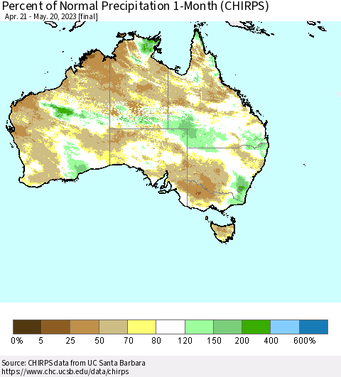 Australia Percent of Normal Precipitation 1-Month (CHIRPS) Thematic Map For 4/21/2023 - 5/20/2023