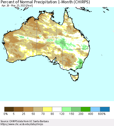Australia Percent of Normal Precipitation 1-Month (CHIRPS) Thematic Map For 4/26/2023 - 5/25/2023