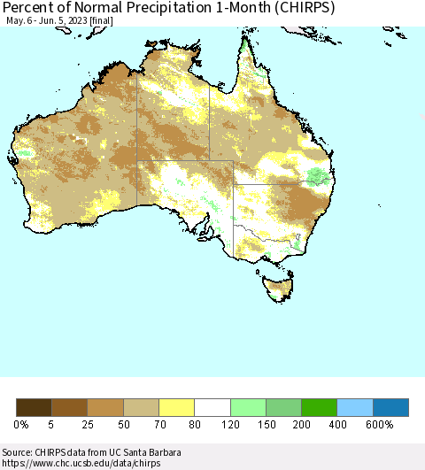 Australia Percent of Normal Precipitation 1-Month (CHIRPS) Thematic Map For 5/6/2023 - 6/5/2023