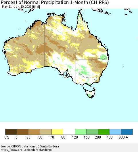 Australia Percent of Normal Precipitation 1-Month (CHIRPS) Thematic Map For 5/11/2023 - 6/10/2023