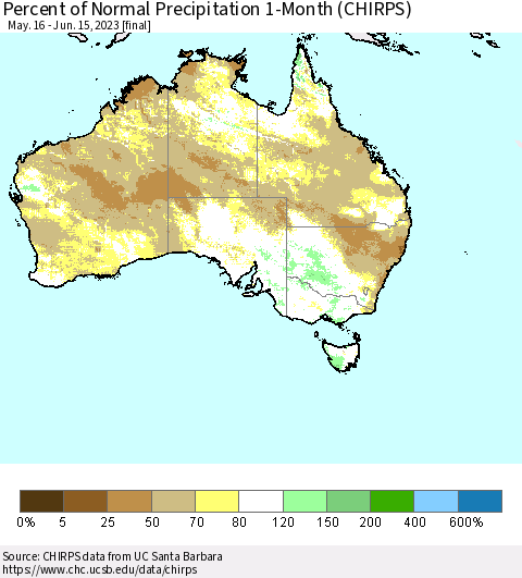 Australia Percent of Normal Precipitation 1-Month (CHIRPS) Thematic Map For 5/16/2023 - 6/15/2023