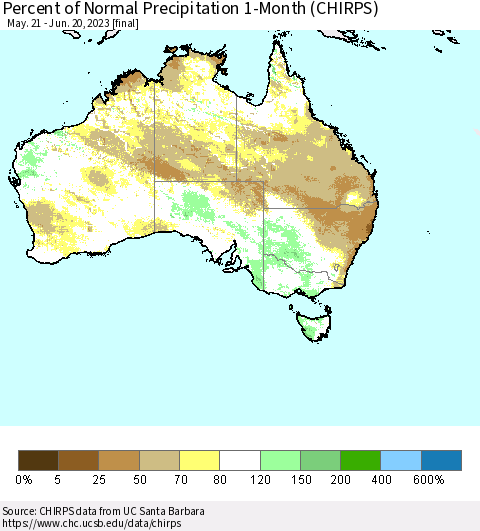 Australia Percent of Normal Precipitation 1-Month (CHIRPS) Thematic Map For 5/21/2023 - 6/20/2023