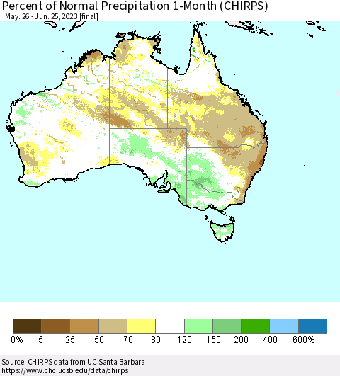 Australia Percent of Normal Precipitation 1-Month (CHIRPS) Thematic Map For 5/26/2023 - 6/25/2023
