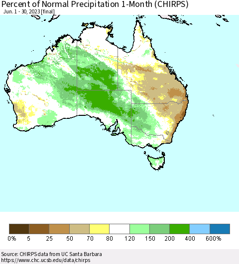 Australia Percent of Normal Precipitation 1-Month (CHIRPS) Thematic Map For 6/1/2023 - 6/30/2023