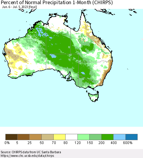 Australia Percent of Normal Precipitation 1-Month (CHIRPS) Thematic Map For 6/6/2023 - 7/5/2023