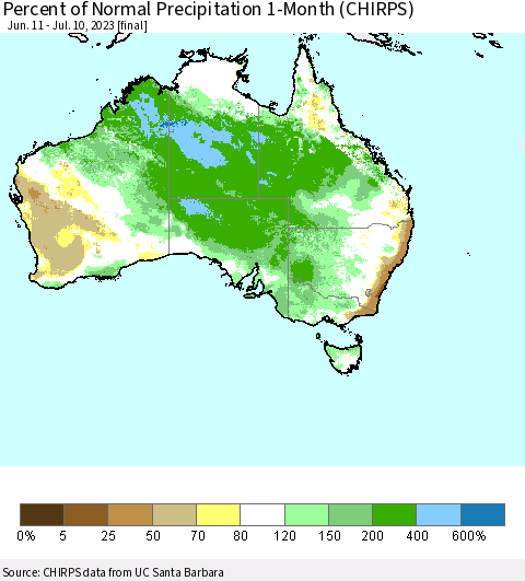 Australia Percent of Normal Precipitation 1-Month (CHIRPS) Thematic Map For 6/11/2023 - 7/10/2023