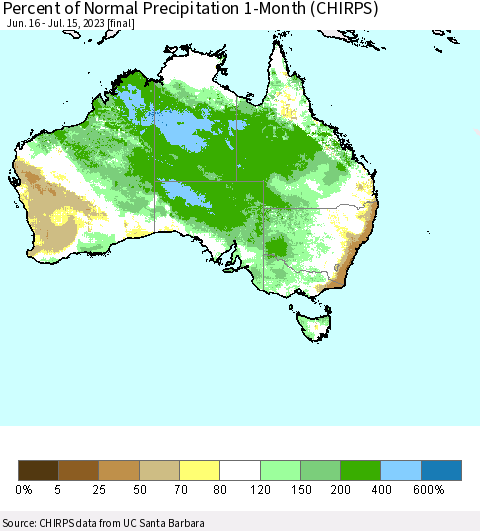 Australia Percent of Normal Precipitation 1-Month (CHIRPS) Thematic Map For 6/16/2023 - 7/15/2023
