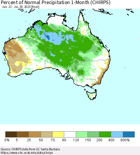 Australia Percent of Normal Precipitation 1-Month (CHIRPS) Thematic Map For 6/21/2023 - 7/20/2023