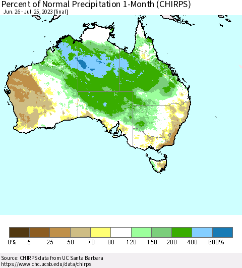 Australia Percent of Normal Precipitation 1-Month (CHIRPS) Thematic Map For 6/26/2023 - 7/25/2023