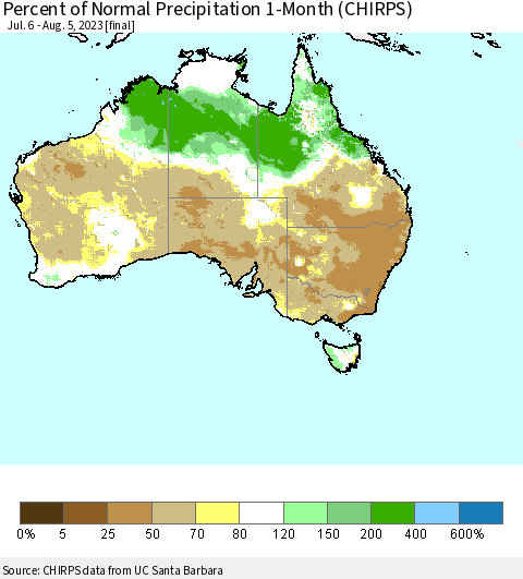 Australia Percent of Normal Precipitation 1-Month (CHIRPS) Thematic Map For 7/6/2023 - 8/5/2023