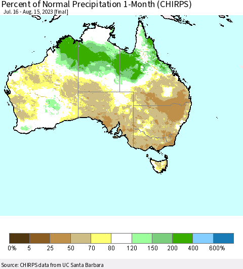 Australia Percent of Normal Precipitation 1-Month (CHIRPS) Thematic Map For 7/16/2023 - 8/15/2023