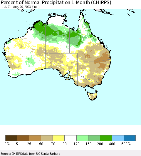 Australia Percent of Normal Precipitation 1-Month (CHIRPS) Thematic Map For 7/21/2023 - 8/20/2023