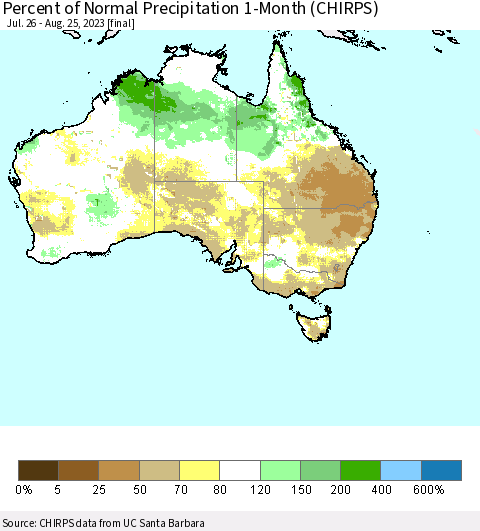 Australia Percent of Normal Precipitation 1-Month (CHIRPS) Thematic Map For 7/26/2023 - 8/25/2023