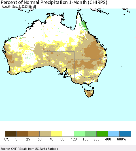 Australia Percent of Normal Precipitation 1-Month (CHIRPS) Thematic Map For 8/6/2023 - 9/5/2023