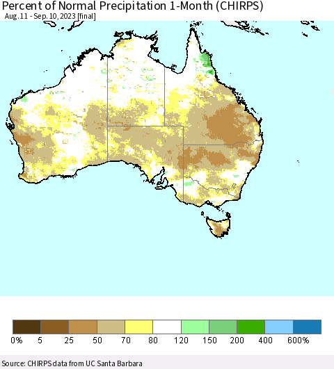 Australia Percent of Normal Precipitation 1-Month (CHIRPS) Thematic Map For 8/11/2023 - 9/10/2023