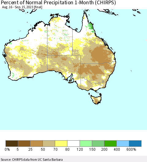 Australia Percent of Normal Precipitation 1-Month (CHIRPS) Thematic Map For 8/16/2023 - 9/15/2023