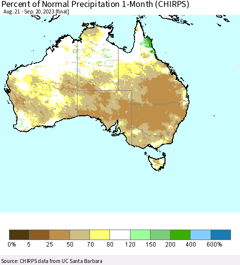 Australia Percent of Normal Precipitation 1-Month (CHIRPS) Thematic Map For 8/21/2023 - 9/20/2023