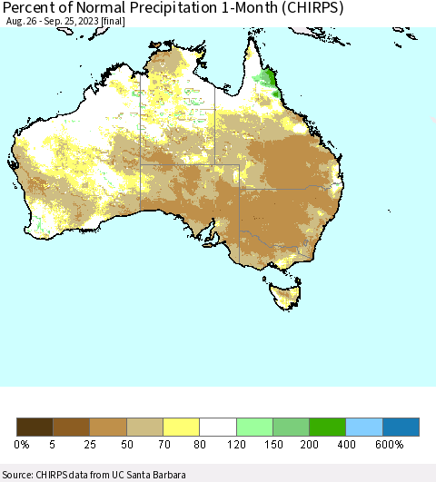 Australia Percent of Normal Precipitation 1-Month (CHIRPS) Thematic Map For 8/26/2023 - 9/25/2023