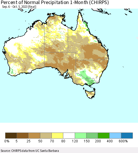 Australia Percent of Normal Precipitation 1-Month (CHIRPS) Thematic Map For 9/6/2023 - 10/5/2023