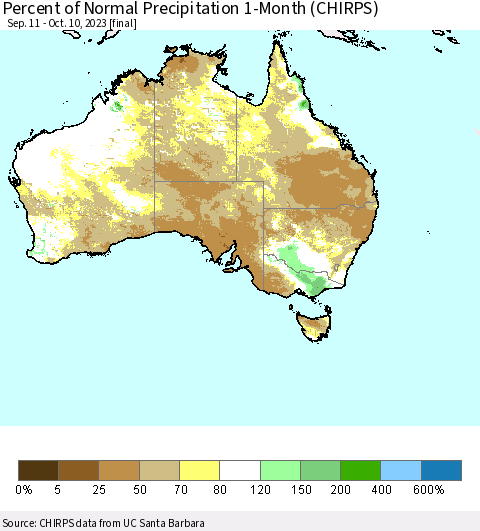 Australia Percent of Normal Precipitation 1-Month (CHIRPS) Thematic Map For 9/11/2023 - 10/10/2023