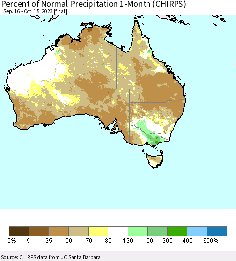 Australia Percent of Normal Precipitation 1-Month (CHIRPS) Thematic Map For 9/16/2023 - 10/15/2023
