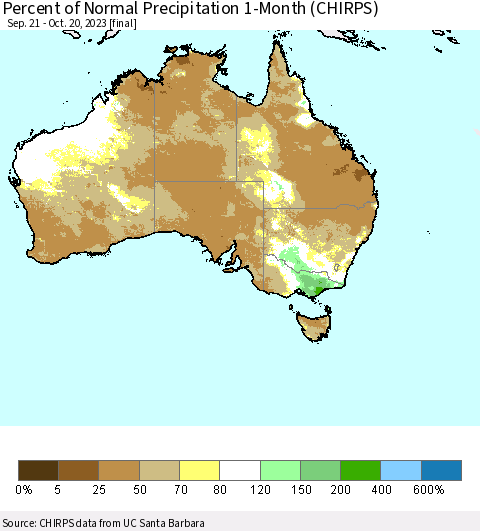 Australia Percent of Normal Precipitation 1-Month (CHIRPS) Thematic Map For 9/21/2023 - 10/20/2023