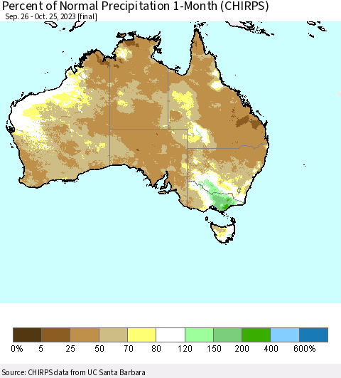 Australia Percent of Normal Precipitation 1-Month (CHIRPS) Thematic Map For 9/26/2023 - 10/25/2023